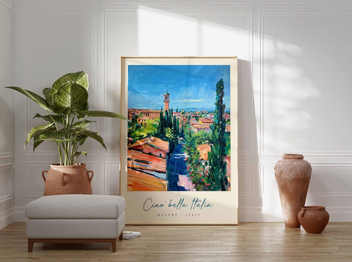 Modena Townscape Bell Tower Cypress Impressionist Italy Travel Poster - Image 3