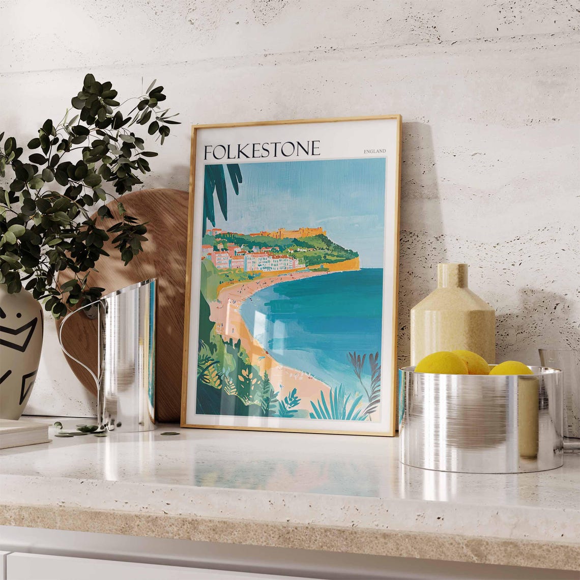 Folkestone England Curved Bay Cliff Top Castle Beach Travel Poster - Image 2