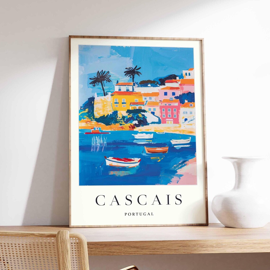 Cascais Portugal Harbor Boats Colorful Painted Coast Travel Poster