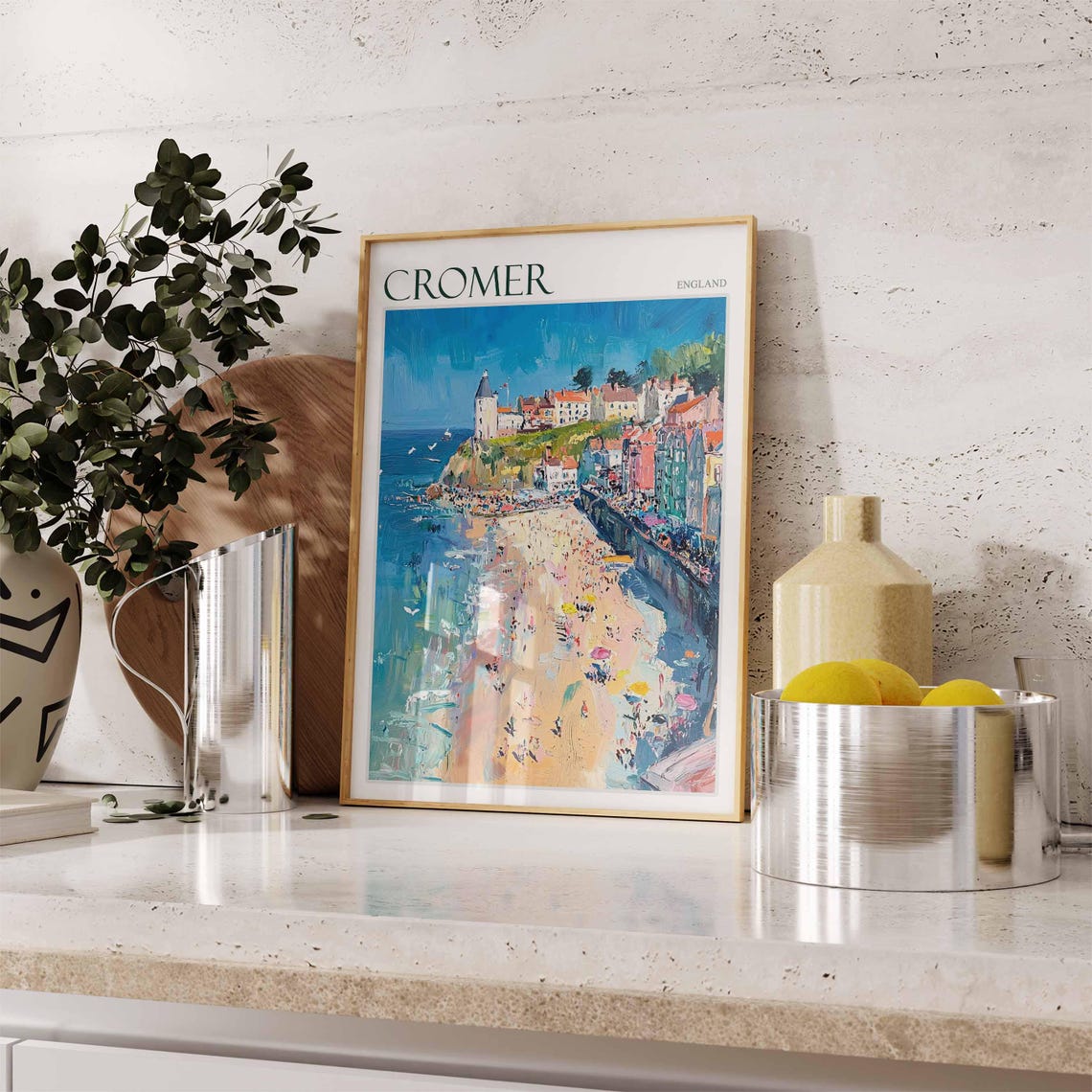 Cromer England Crowded Beach and Promenade Seaside Art Poster - Image 2