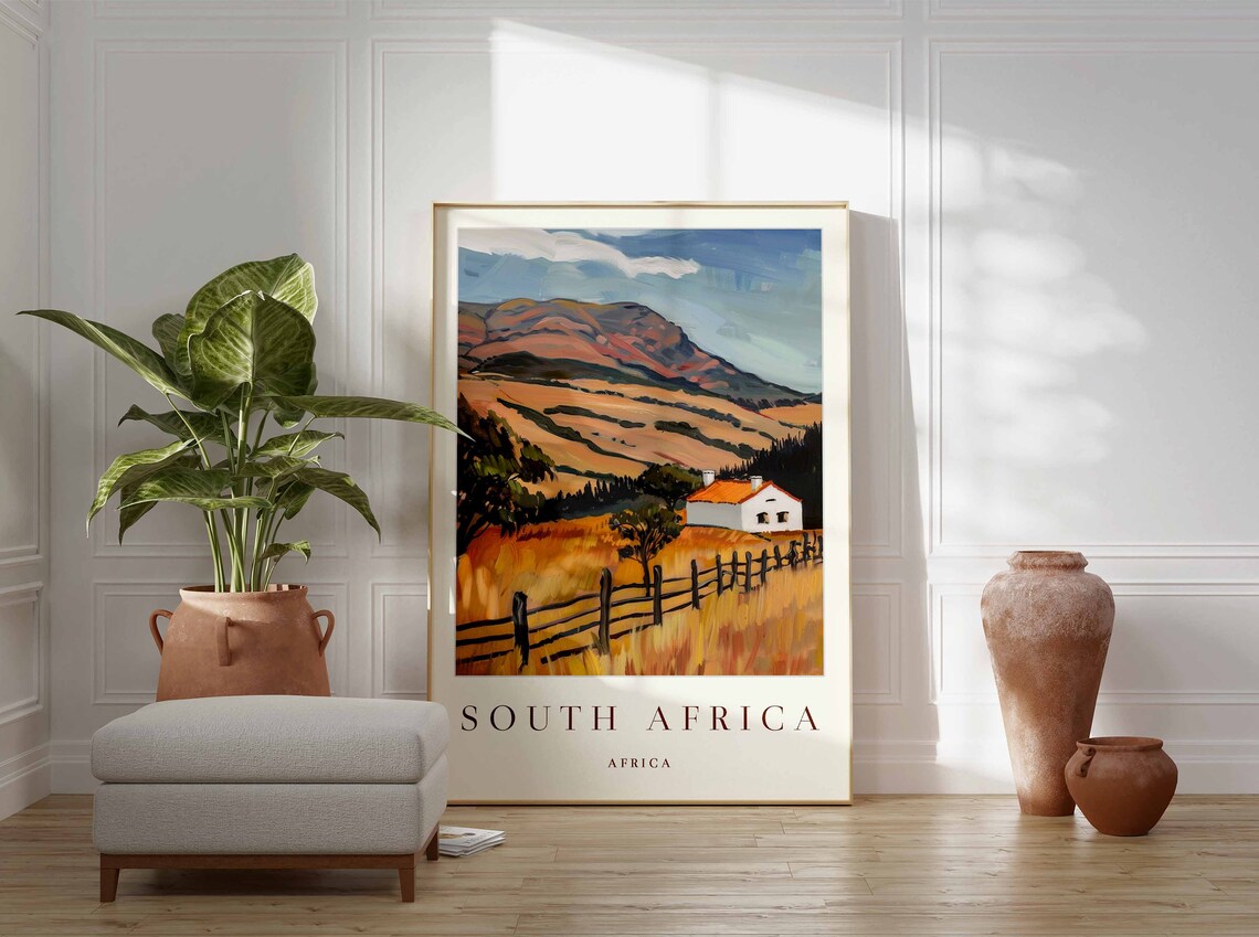 South Africa Golden Grasslands Farmhouse Fence Mountain Africa Poster - Image 3