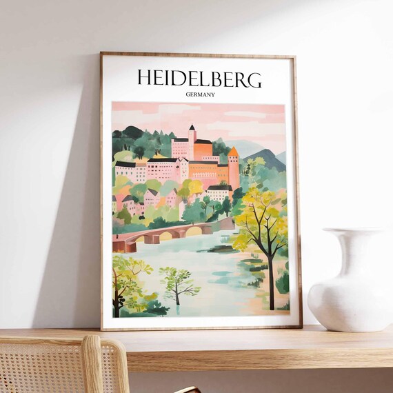 Heidelberg Germany Travel Poster Castle River Bridge Watercolor Scene