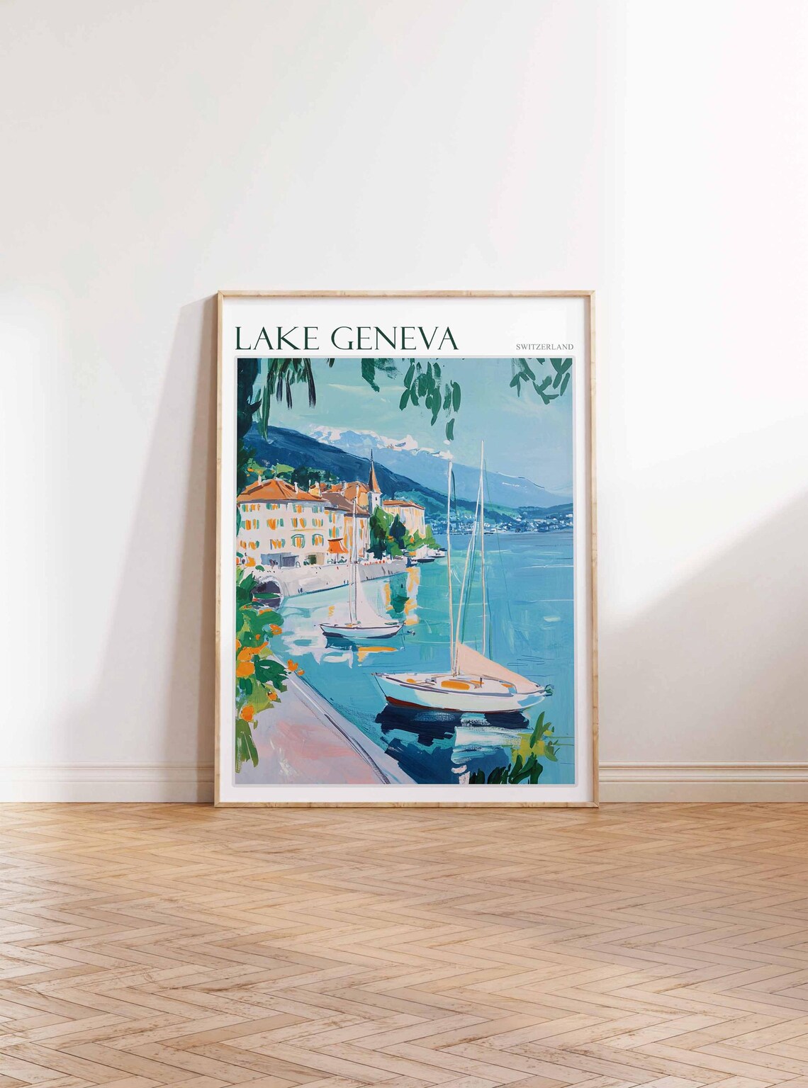 Lake Geneva Switzerland Marina Sailboats Lakeside Town Painting Poster - Image 3