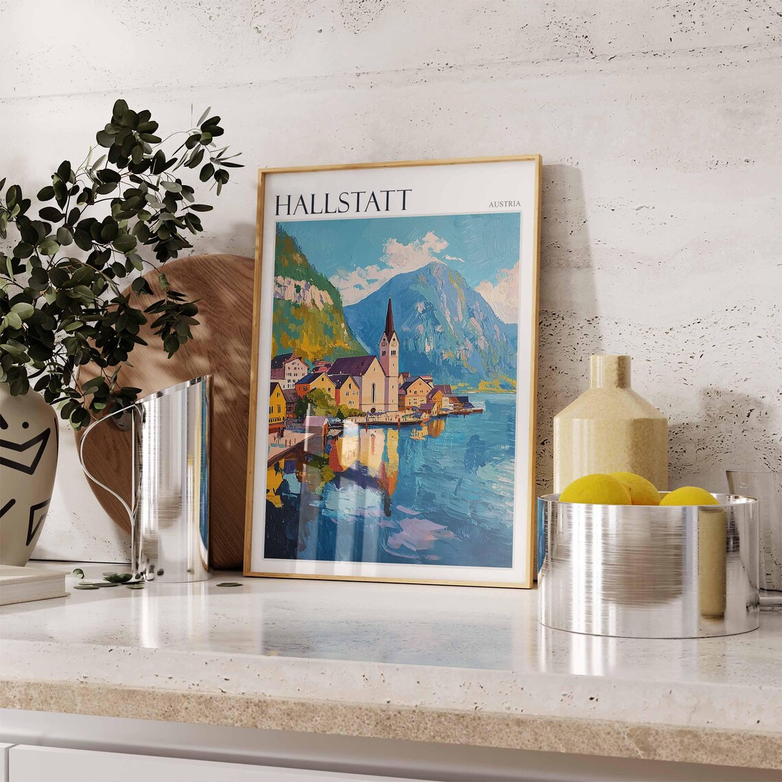 Hallstatt Austria Impasto Oil Painting Church Lake Travel Poster - Image 2