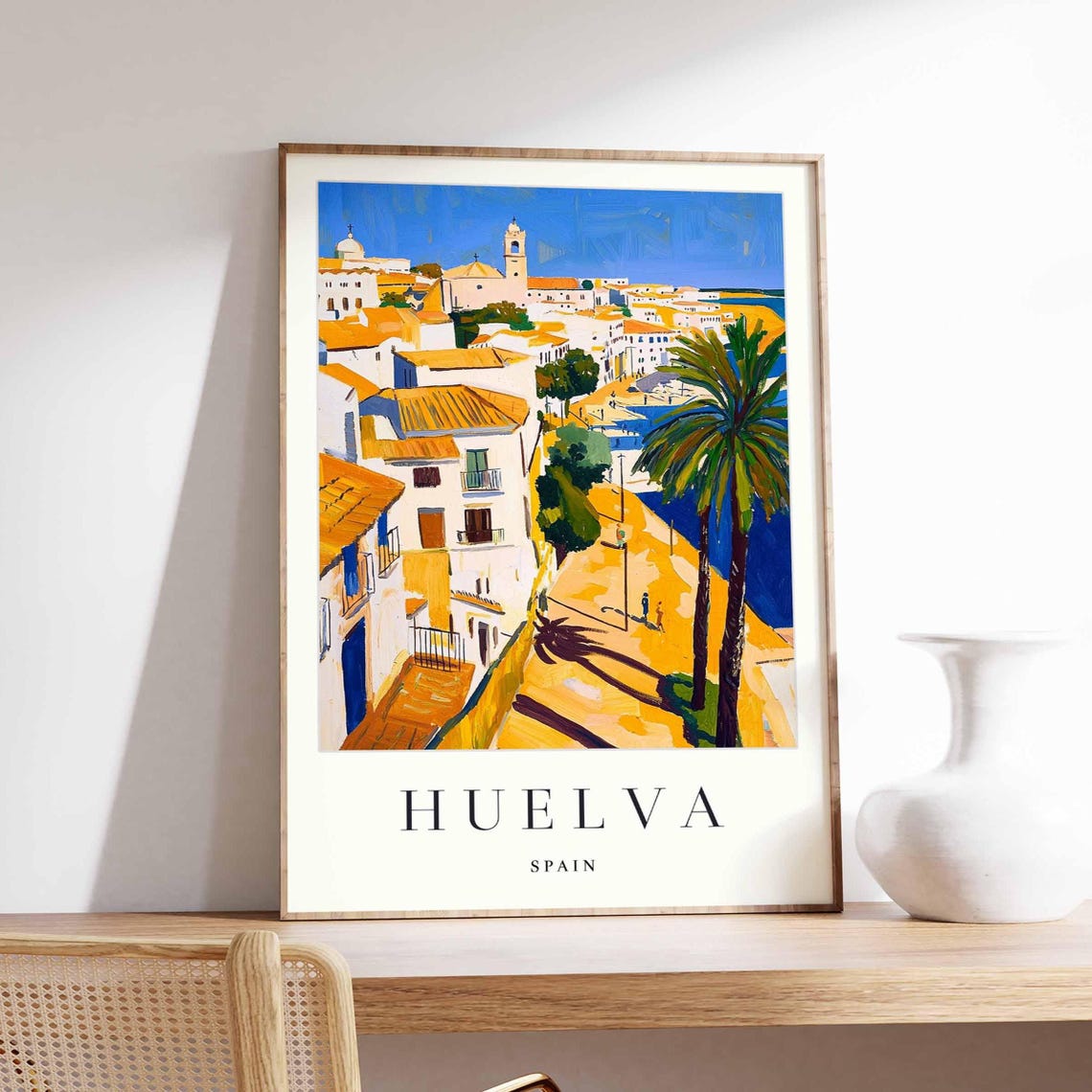 Huelva Spain Harbor Whitewashed Old Town Palm Tree Travel Poster