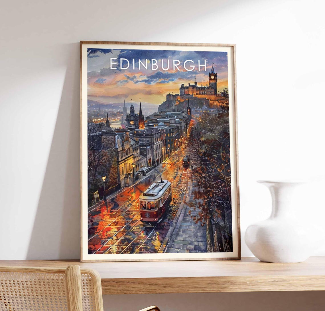 Edinburgh Castle Evening Tram Night Lights City Scene Poster