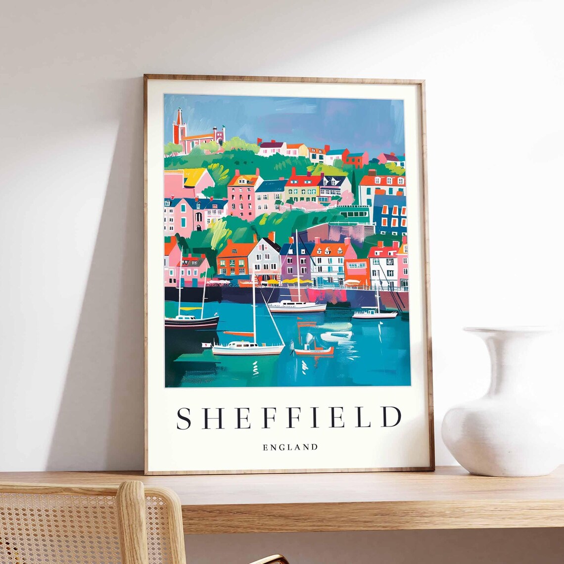 Sheffield England Watercolor City Skyline Under a Blue Sky Poster