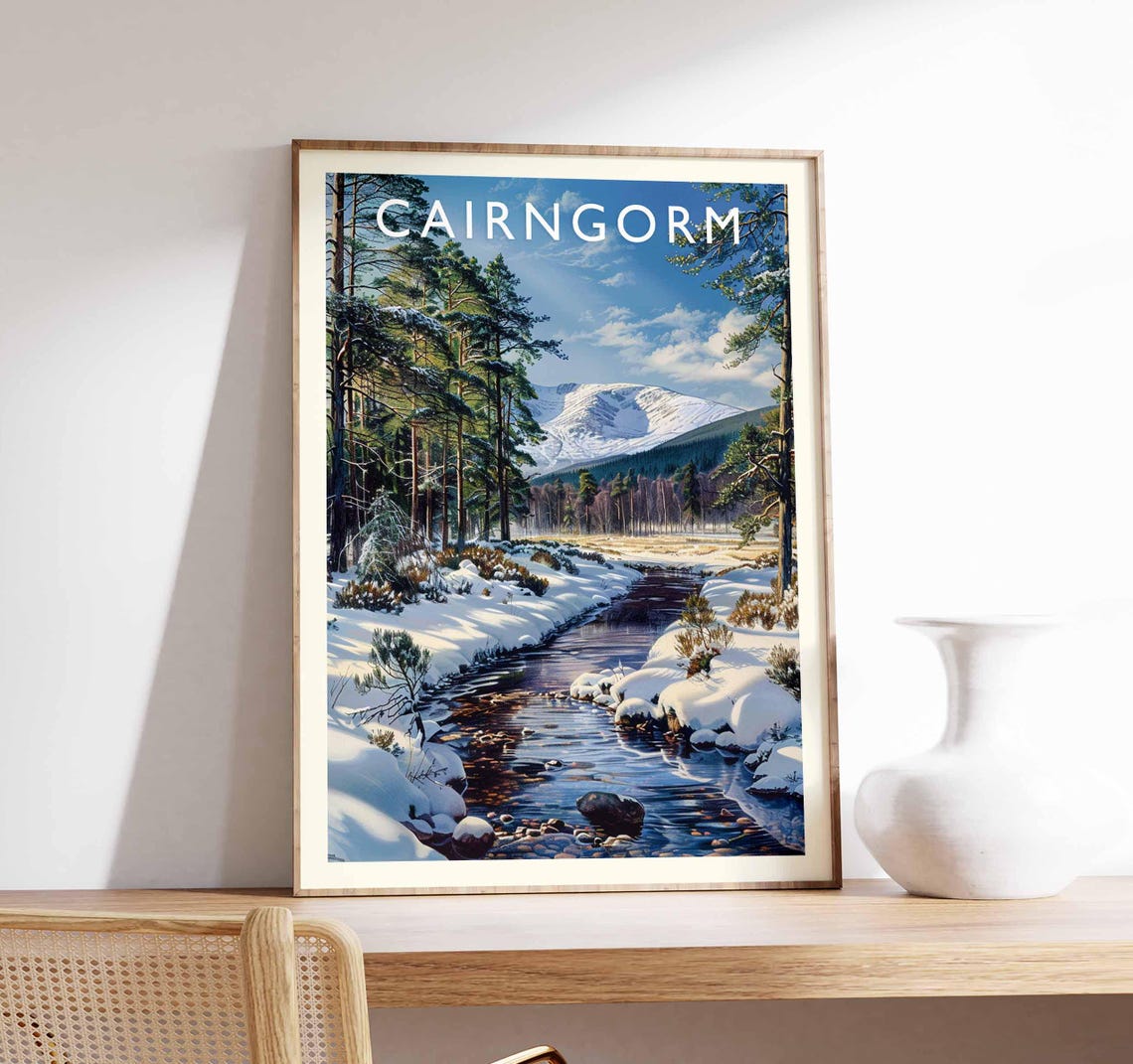Cairngorm Winter Snowy Stream Pine Forest Mountain Scene Poster
