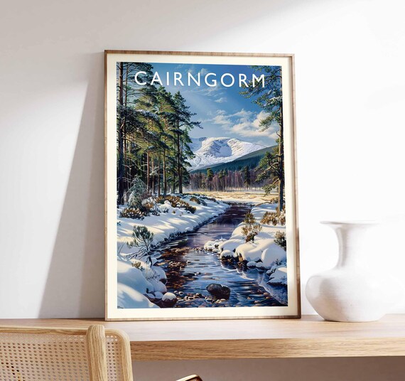 Cairngorm Winter Snowy Stream Pine Forest Mountain Scene Poster