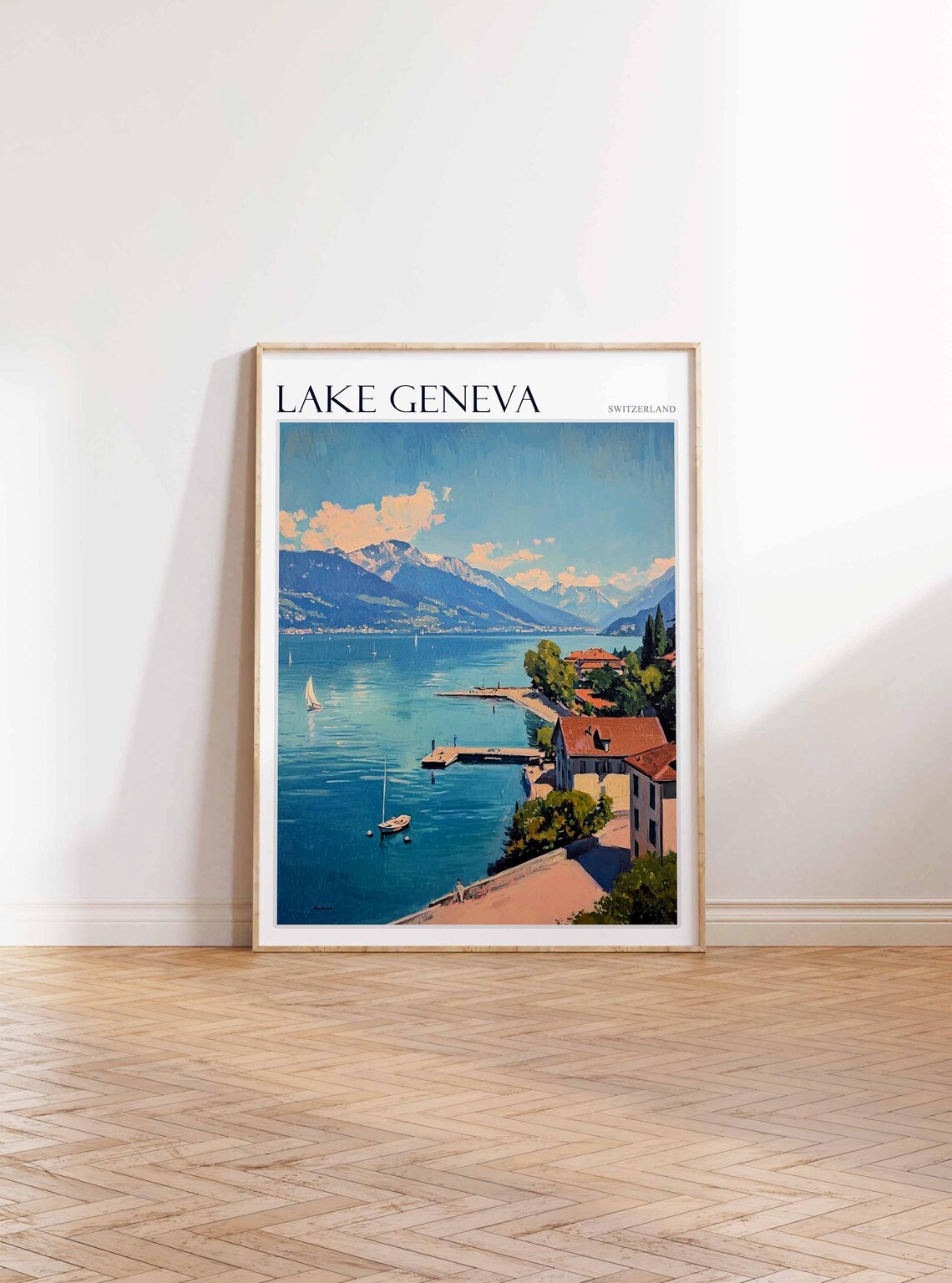 Lake Geneva Switzerland Harbor Pier Village Shoreline Poster Art - Image 3