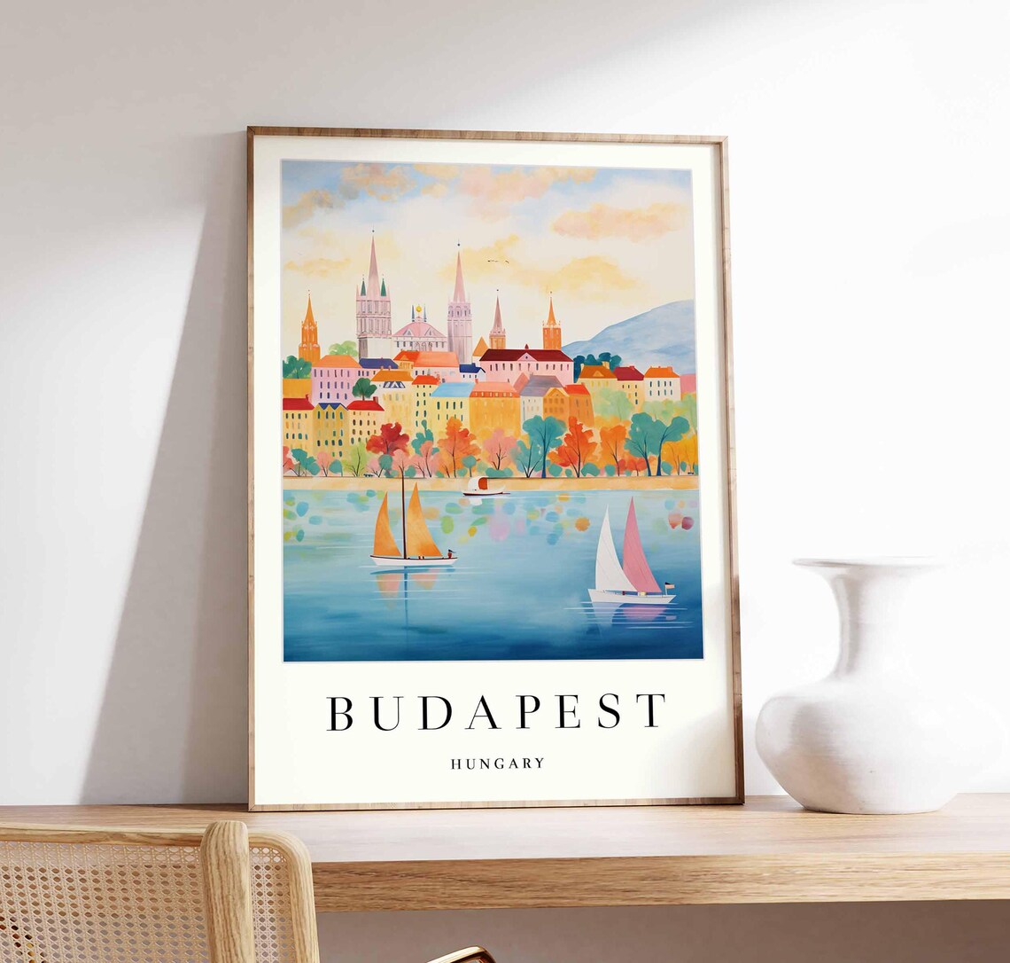 Budapest Sailboats on Danube Church Spires Watercolor Travel Poster