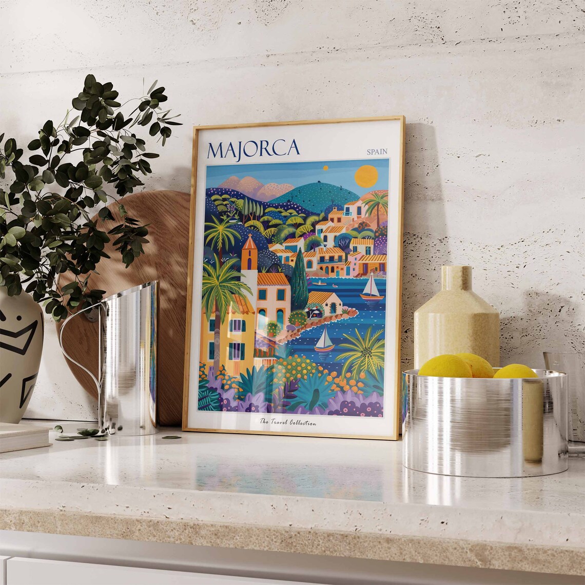 Majorca Spain Colorful Seaside Village Palms Sailboats Poster - Image 2