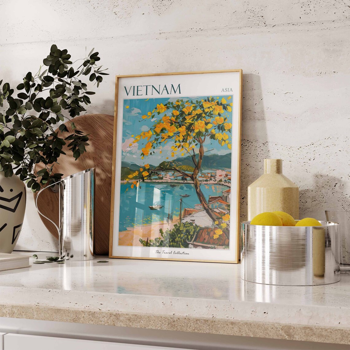 Vietnam Asia Golden Blossom Tree Bay Boats Mountain View Poster - Image 3