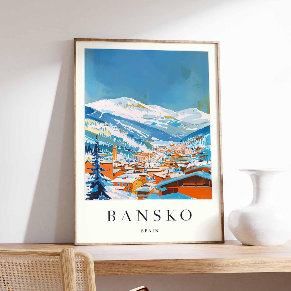 Bansko Spain Ski Resort Snowy Peaks Orange Village Travel Poster