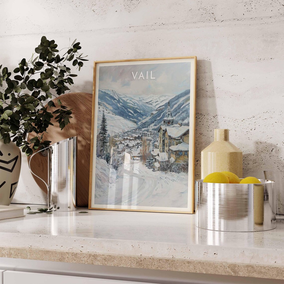 Vail Colorado Snowy Village Street Church Tower Watercolor Poster - Image 2