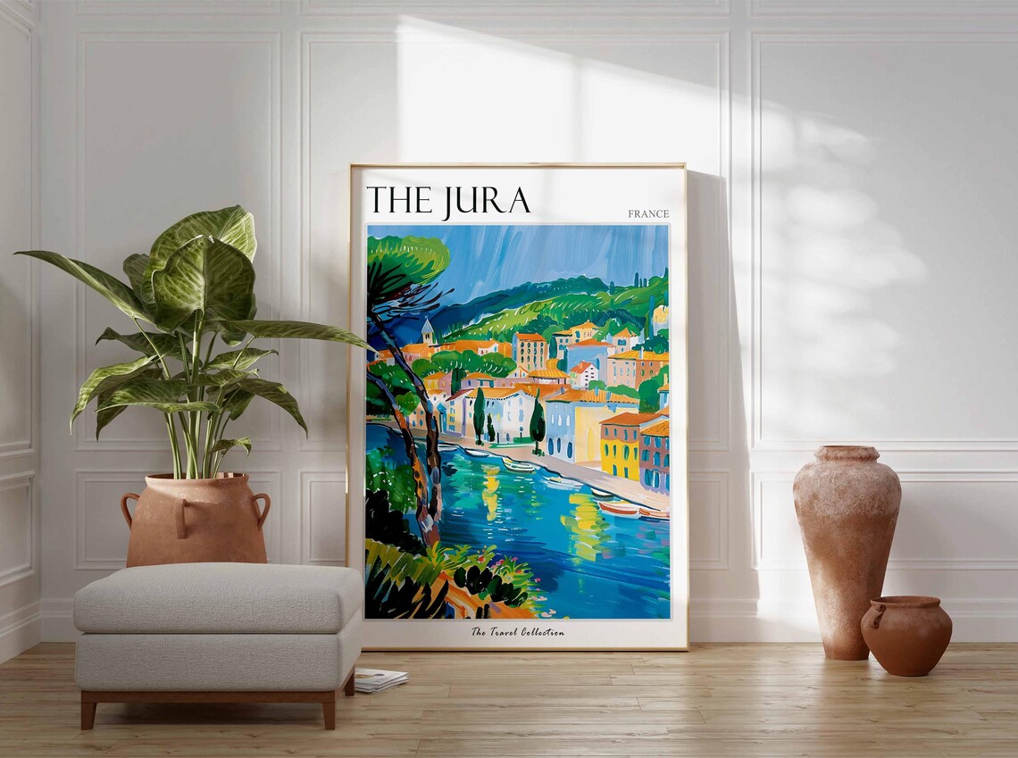 The Jura France Colorful Lakeside Town Boats Painting Travel Poster - Image 3