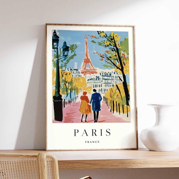 Paris France Couple Walking to Eiffel Tower Autumn Avenue Poster