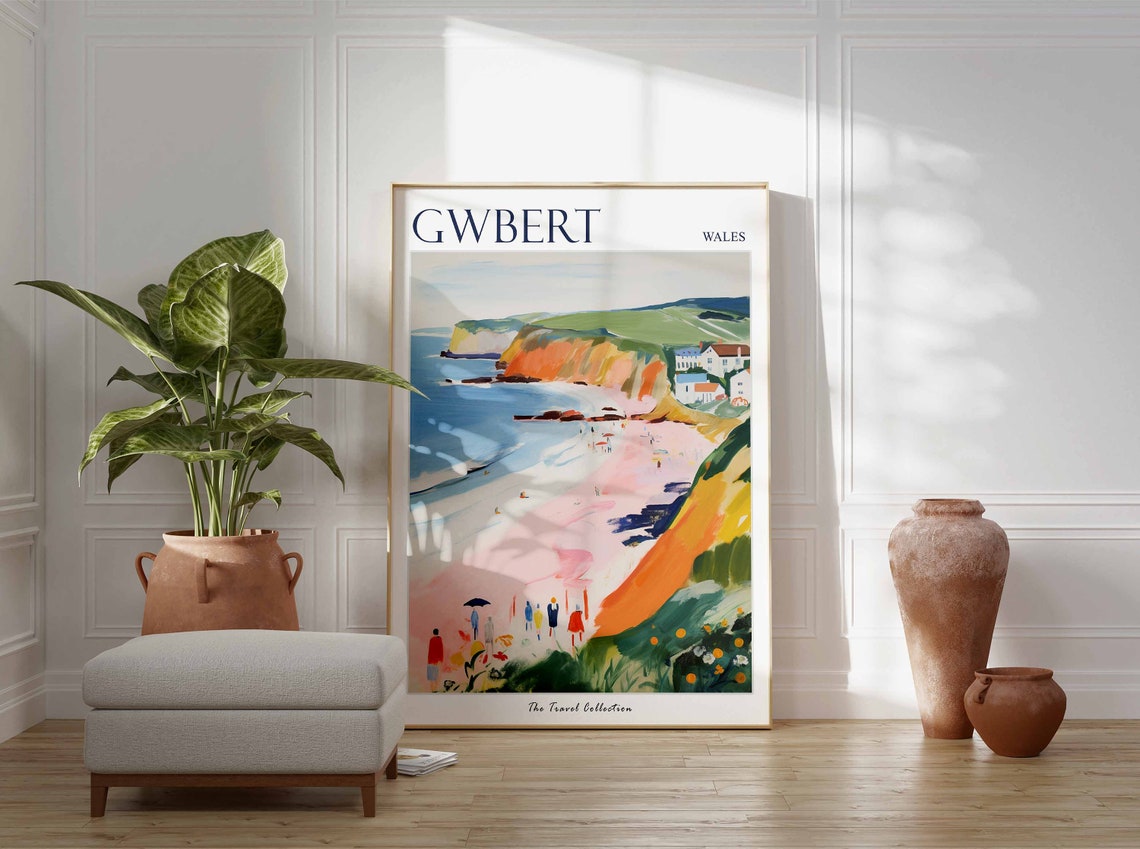 Gwbert Wales Pink Cove Orange Cliffs Scene Vintage Travel Poster - Image 3