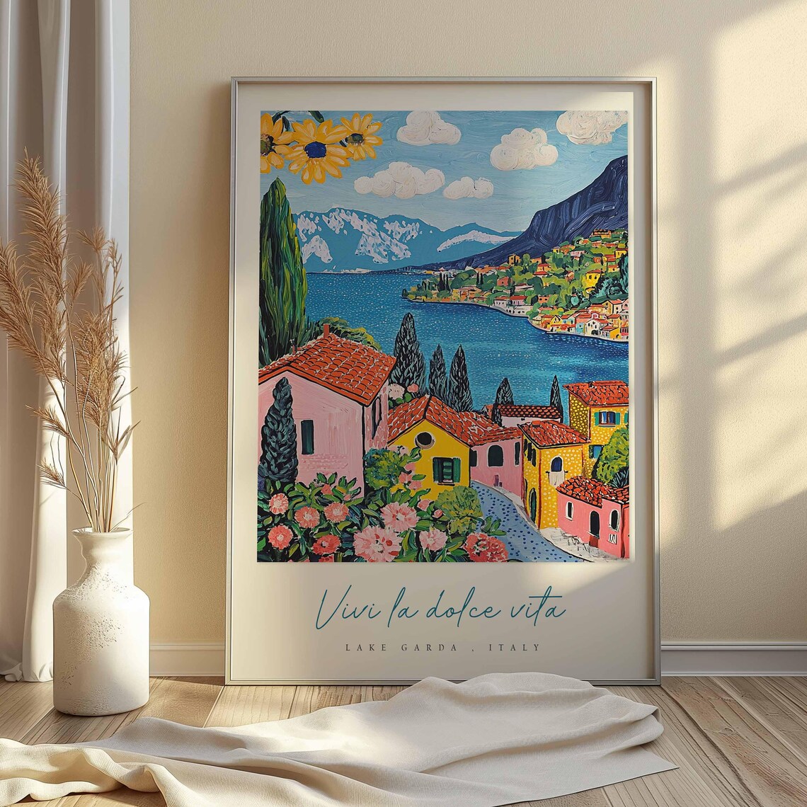 Lake Garda Italy Colorful Houses Sunflower Garden Roses Village Poster - Image 2