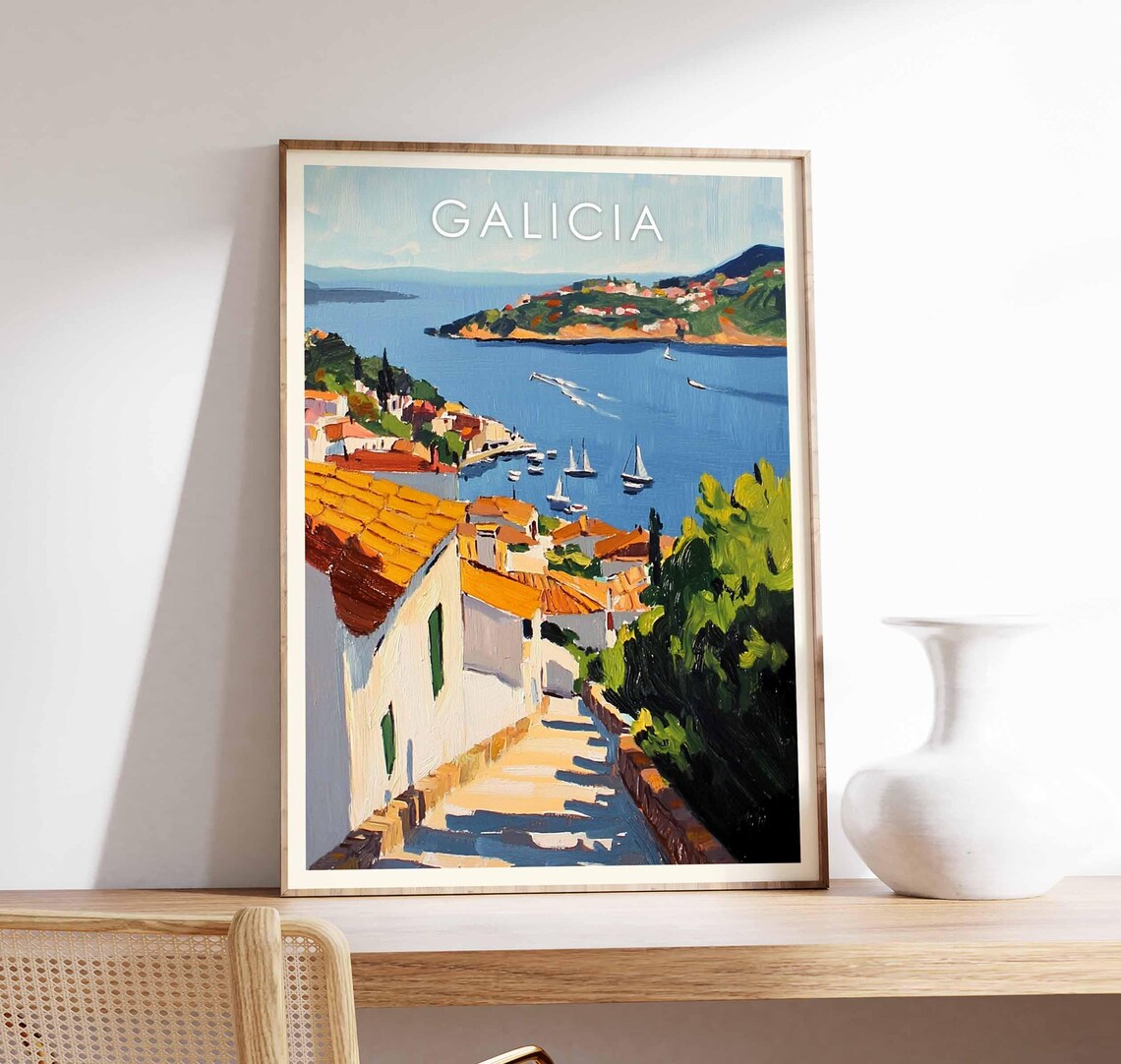 Galicia Spain Coastal Bay Sailboats Terracotta Rooftops Travel Poster
