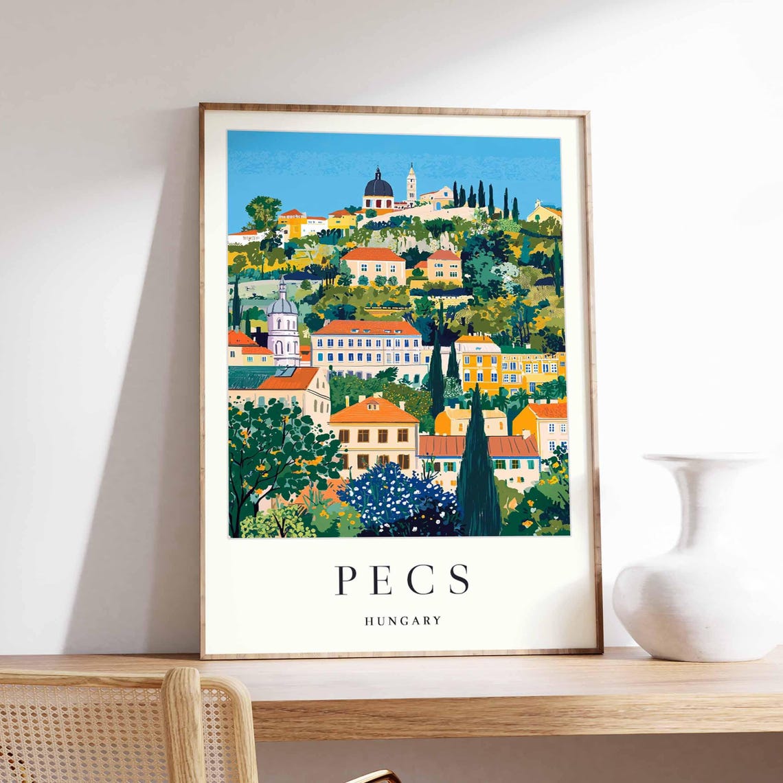 Pecs Hungary Hillside Cityscape Domed Church Cypress View Poster