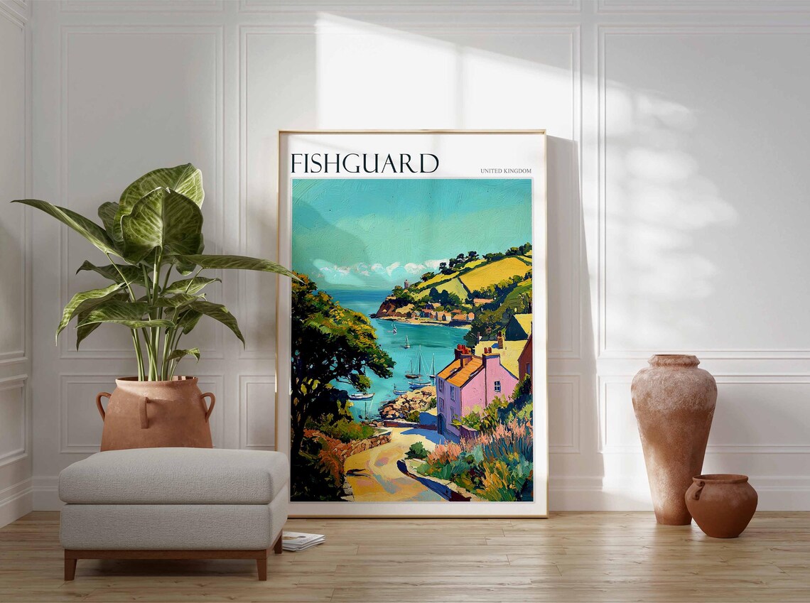 Fishguard Wooded Cove Sailboats Pink Cottage Welsh Coastal Travel Poster - Image 3