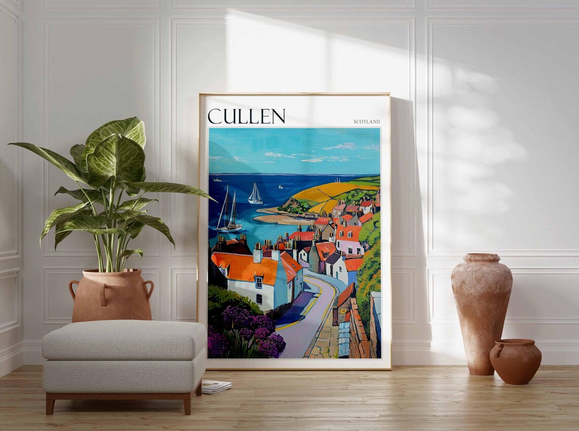Cullen Scotland Winding Street to the Harbor with Flowers Poster - Image 3
