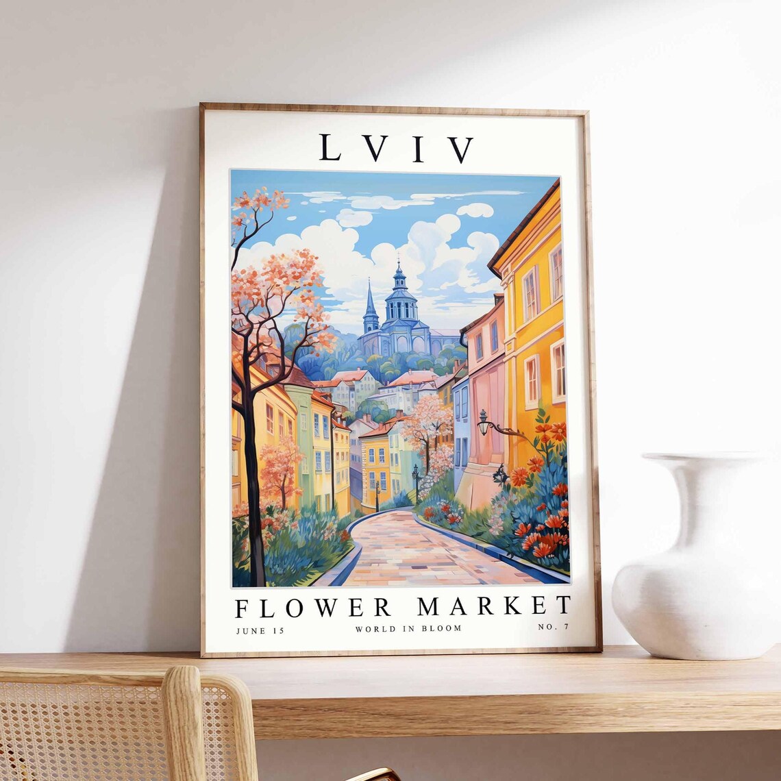 Lviv Flower Market Cobbled Old Street Church Spire Spring Poster