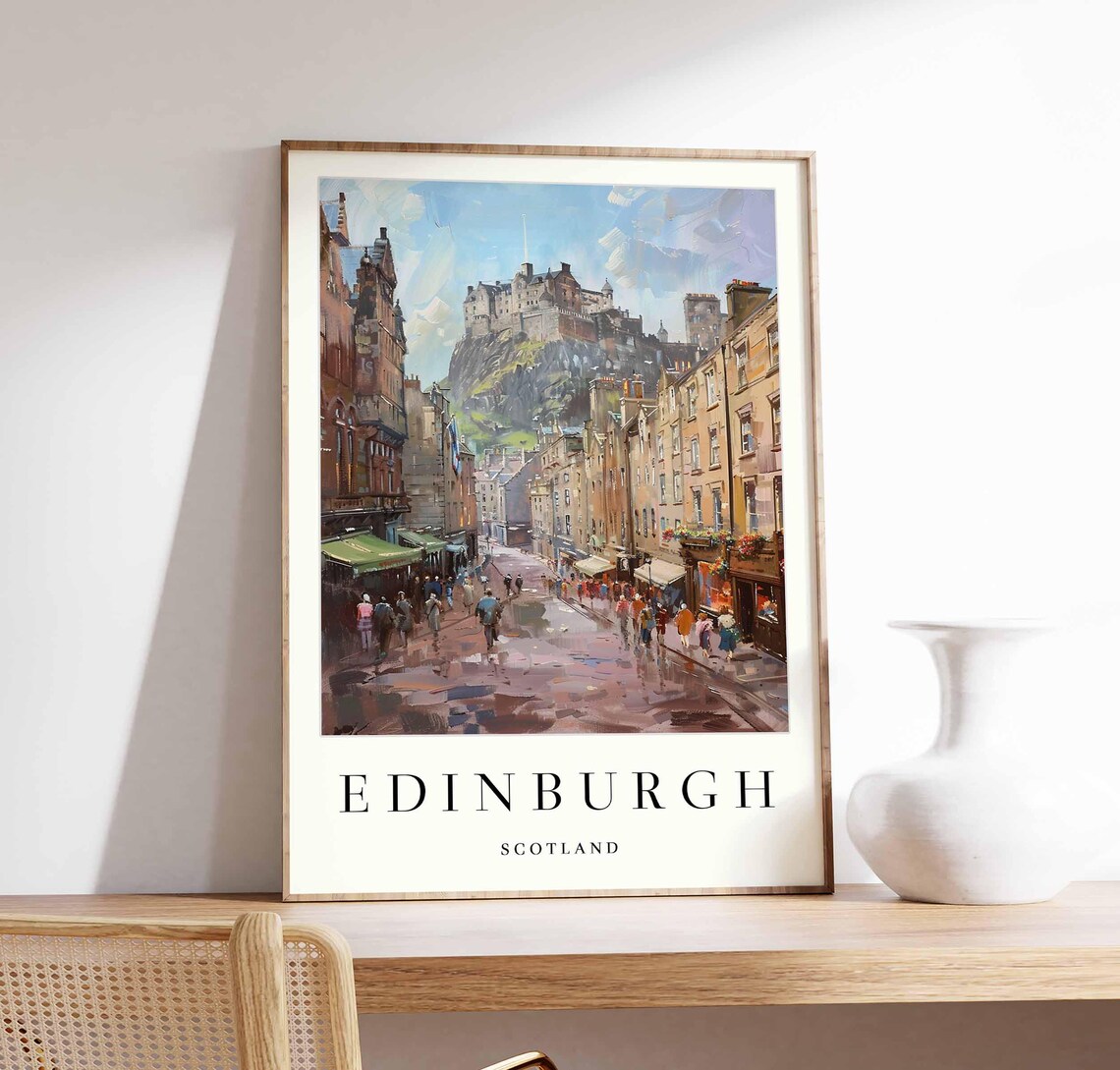 Edinburgh Castle Street Watercolor Travel Poster Scotland Cityscape