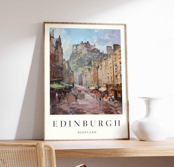 Edinburgh Castle Street Watercolor Travel Poster Scotland Cityscape