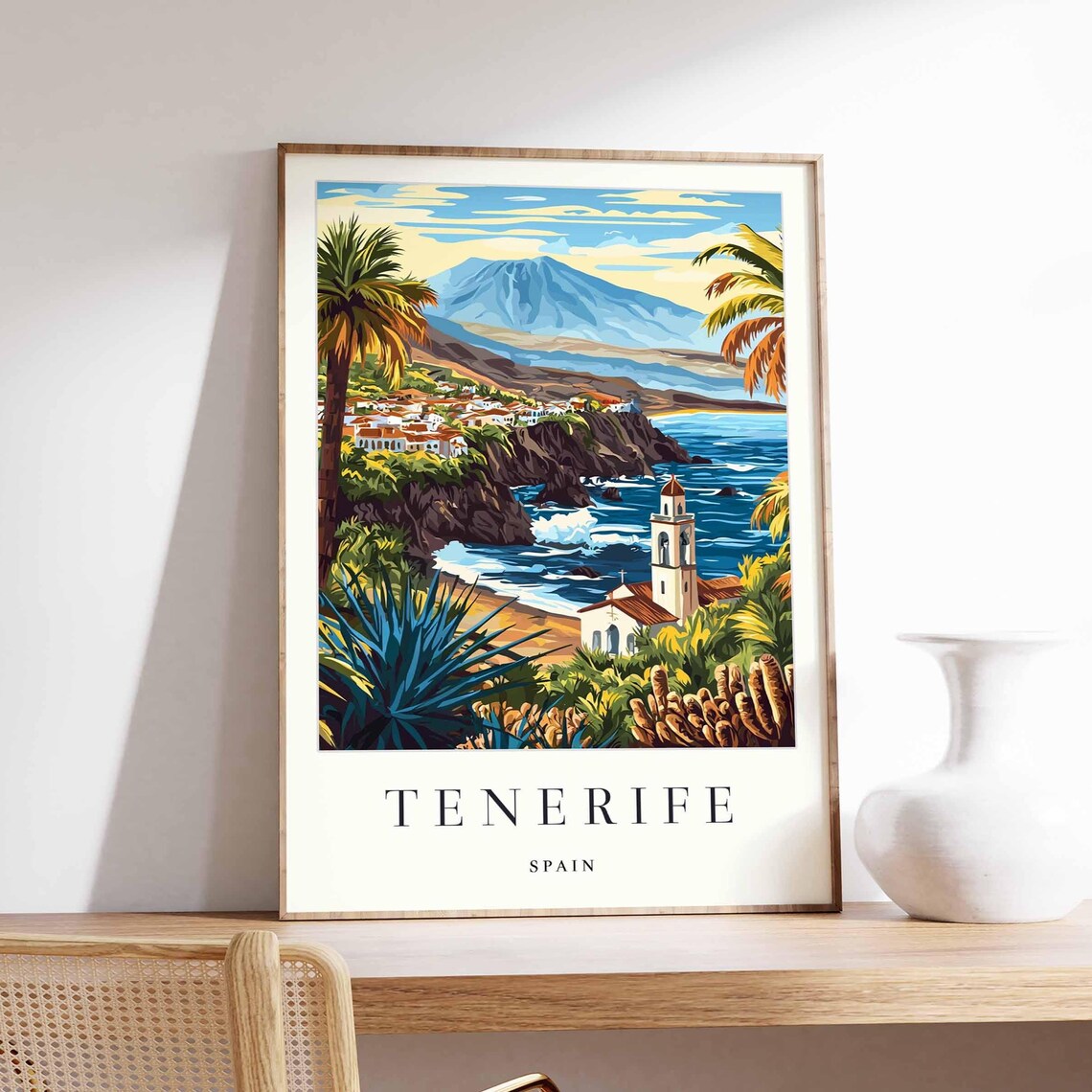 Tenerife Spain Volcano Cliffs Village and Grand Old Church Poster