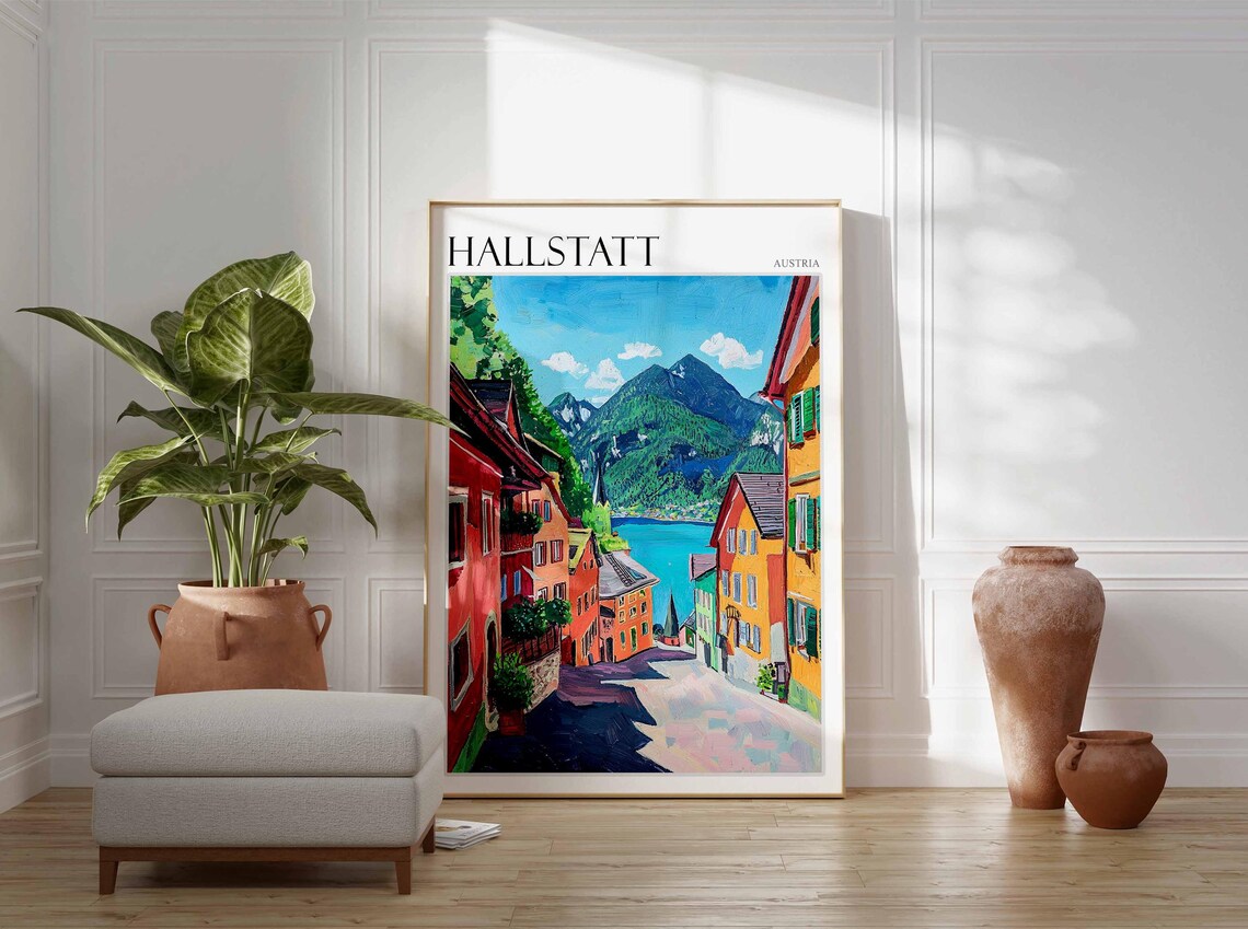Hallstatt Austria Village Street Scene Colorful Houses Travel Poster - Image 3