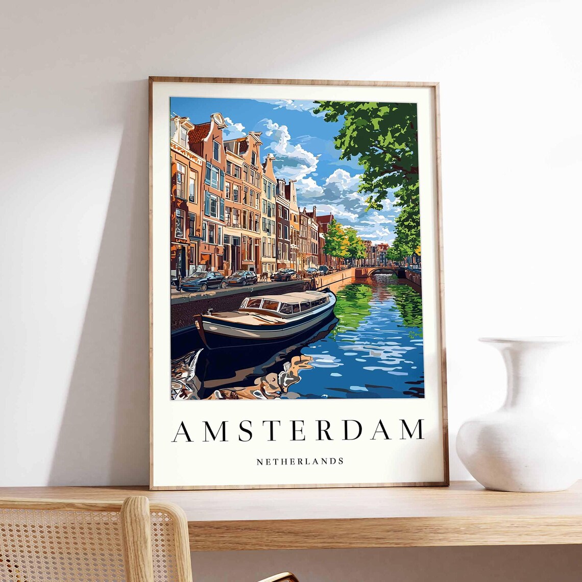 Amsterdam Netherlands Canal Boat Gabled Houses Sunny Art Poster