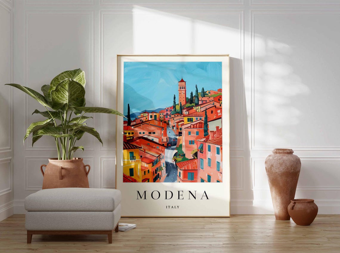 Modena Italy Terracotta Rooftop Bell Tower Street Travel Poster - Image 4