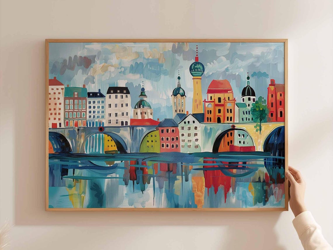 Colorful Riverside Old Town Bridge Naive Cityscape Art Poster