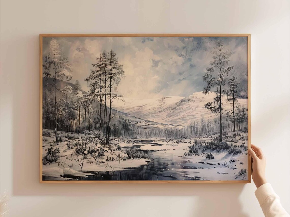 Cairngorms Snowy Pine Forest Frozen Stream Watercolor Painting Poster