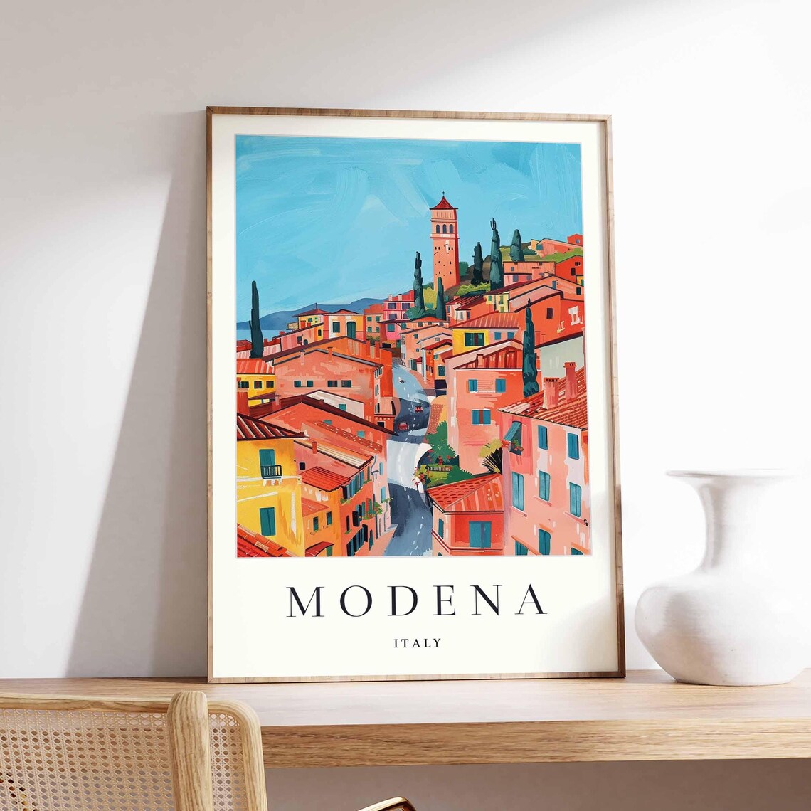 Modena Italy Terracotta Rooftop Bell Tower Street Travel Poster