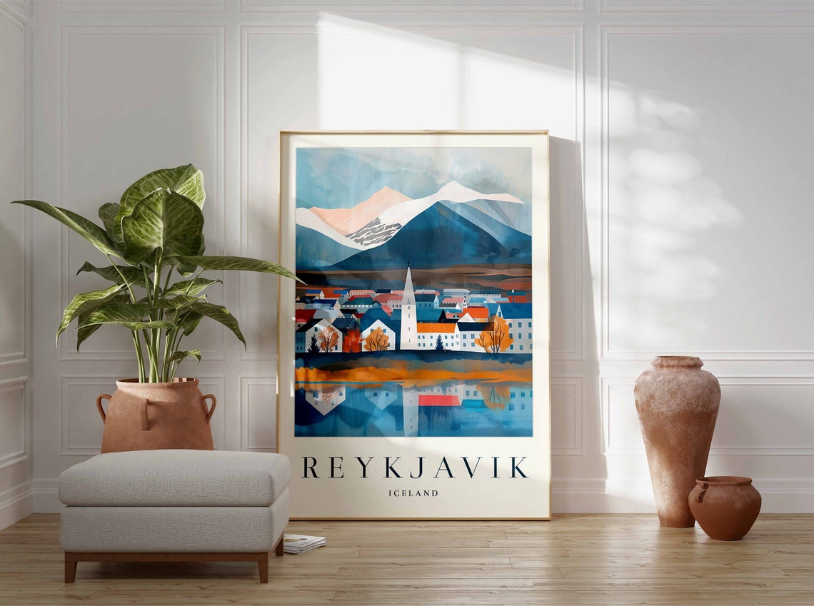 Reykjavik Iceland Colorful Houses With Snowy Mountains Travel Poster - Image 3