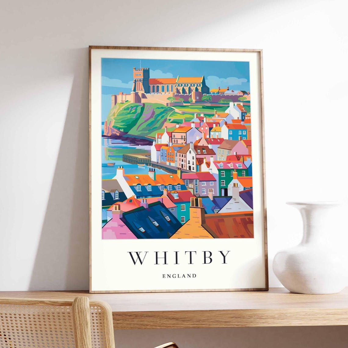 Whitby England Abbey Harbor Colorful Coastal Town Art Poster