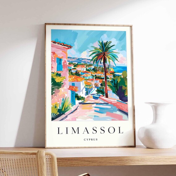 Limassol Cyprus Pink Palm Street Coastal Town Scenic Travel Poster