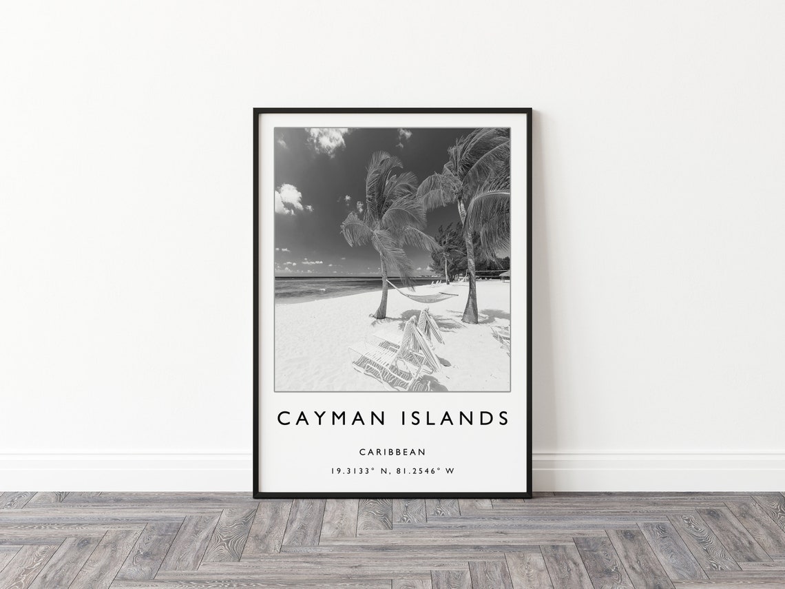 Cayman Islands Caribbean Black and White Tropical Beach Palm Poster - Image 3