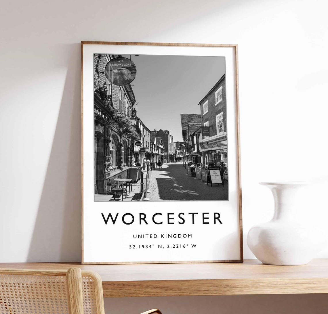 Worcester England Historic Street Black White Photo Art Poster