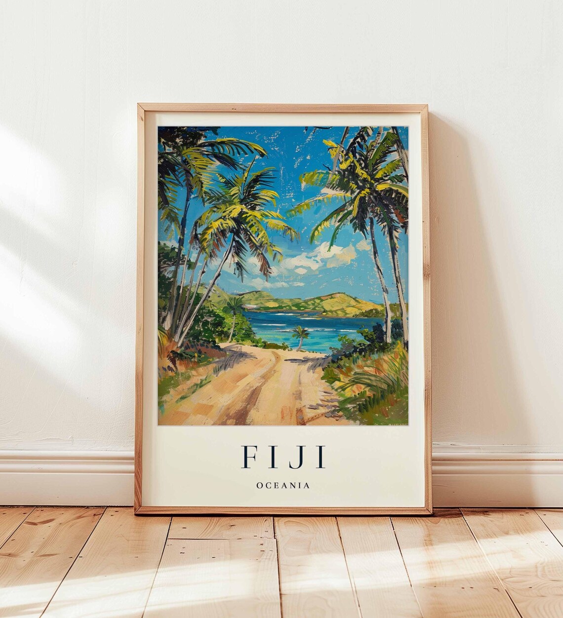 Fiji Oceania Sandy Palm Road Ocean View Island Travel Poster