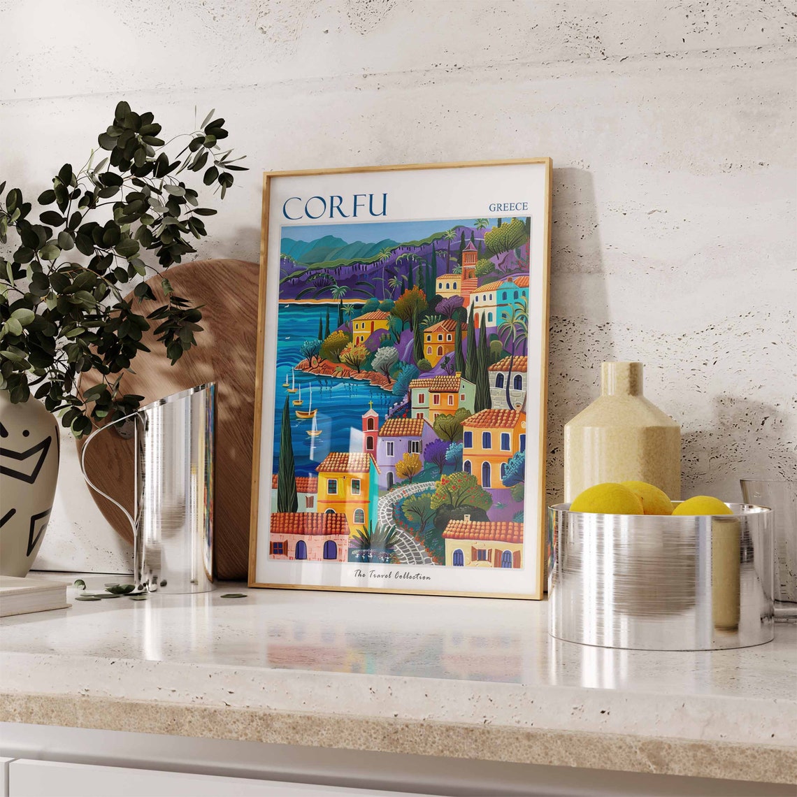 Corfu Greece Colorful Coastal Hillside Village Boats Wall Art - Image 2