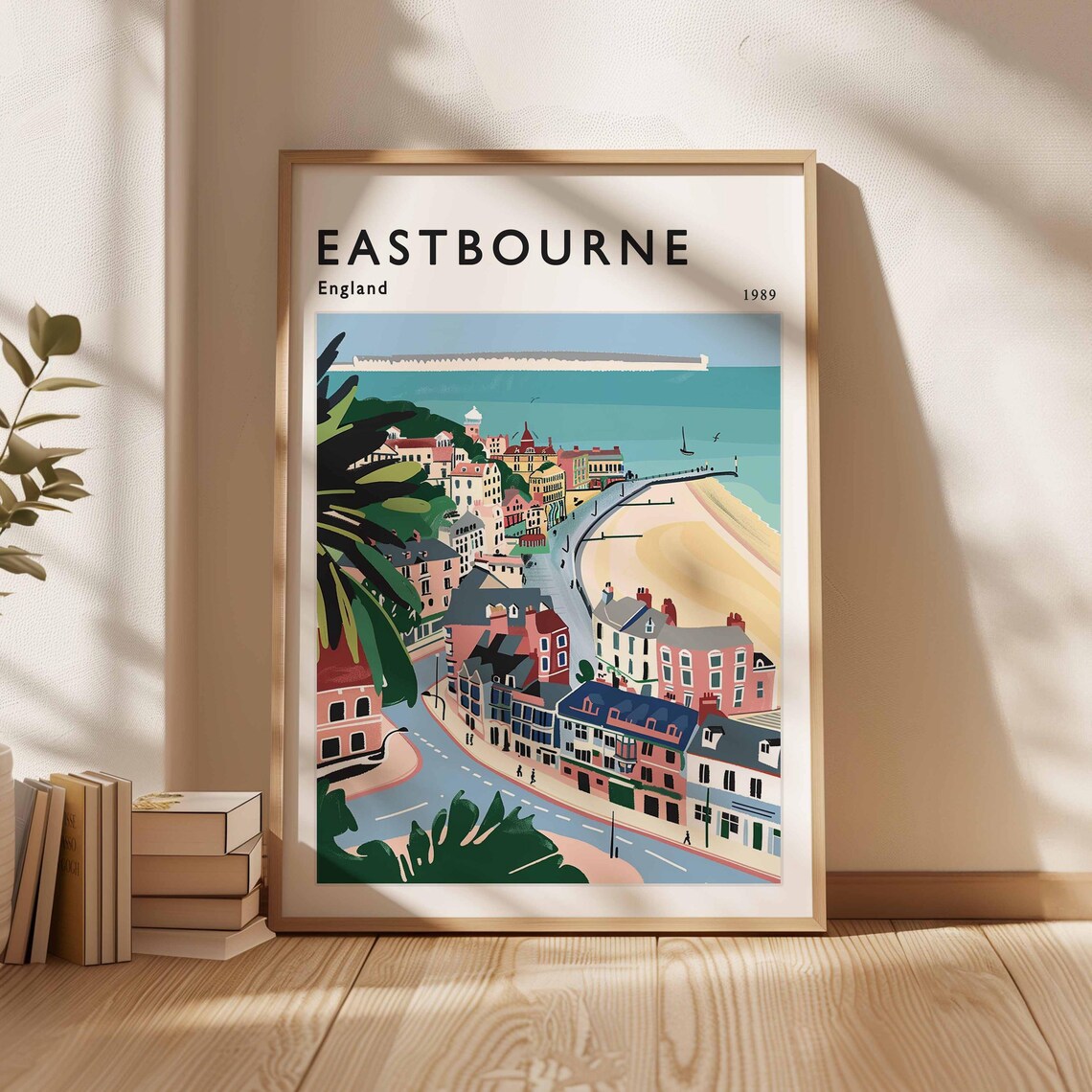 Eastbourne England 1989 Seafront Curve Beach Town Travel Poster