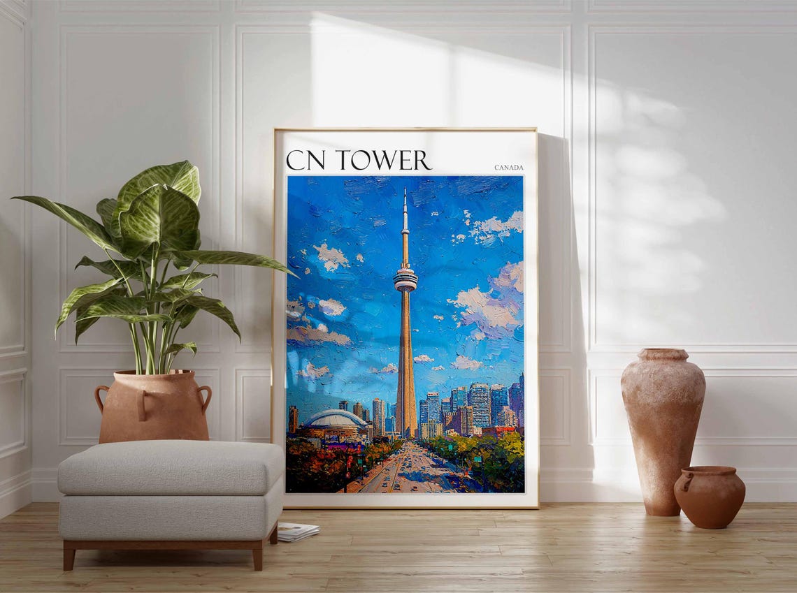 CN Tower Canada Toronto Autumn Trees Close View Oil Painting Poster - Image 2