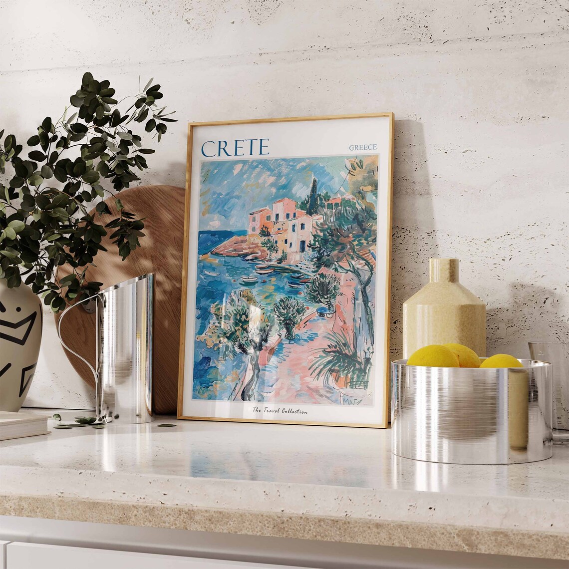 Crete Greece Cove Watercolor Boats Olive Trees Travel Poster - Image 2