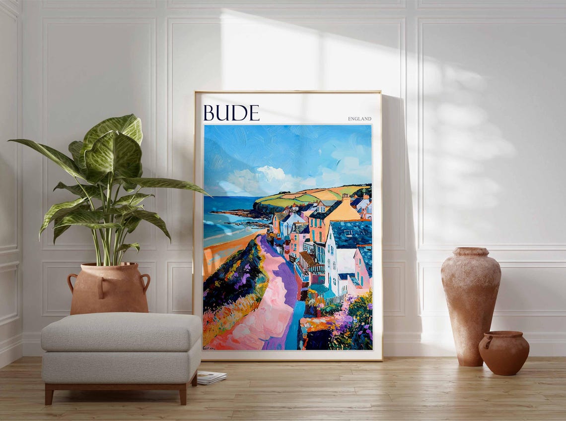 Bude England Colorful Seaside Town Pink Cliff Path Art Poster - Image 2