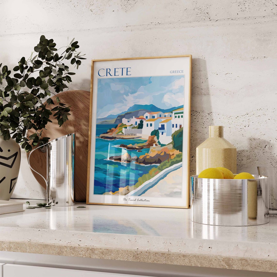 Crete Greece Whitewashed Village Rocky Coast Painting Poster - Image 2