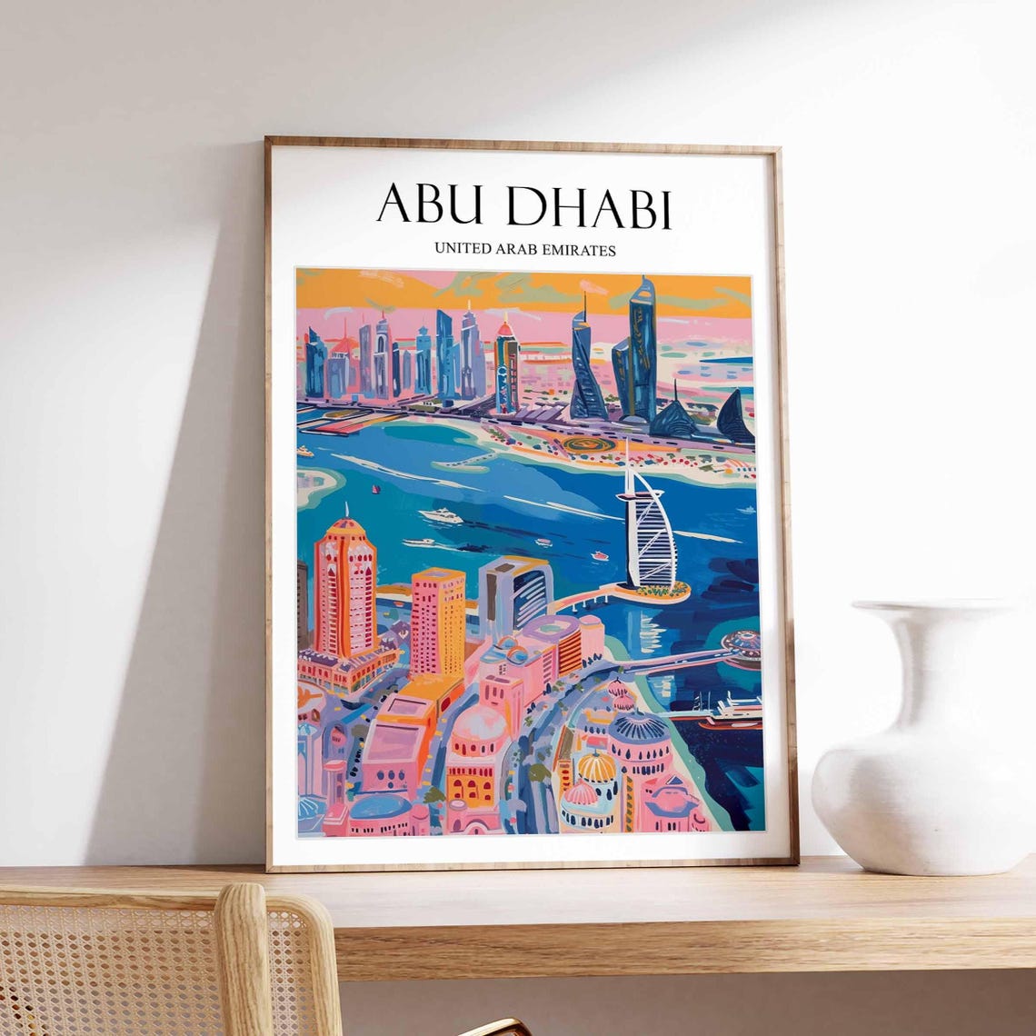 Abu Dhabi UAE Neon Sunset Skyline Bay Night Travel Art Poster